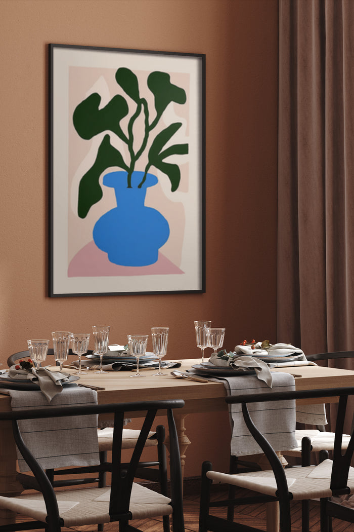 Modern abstract plant in blue vase artwork poster in a dining room setting