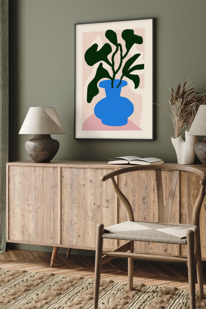 Modern Abstract Plant Artwork in Blue Vase Framed Poster in Stylish Interior
