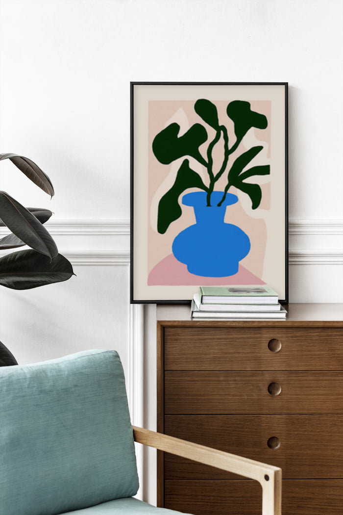 Modern abstract plant illustration in blue vase framed poster in living room decor