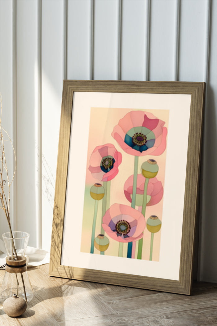 Stylized framed poppy flower poster in contemporary interior setting