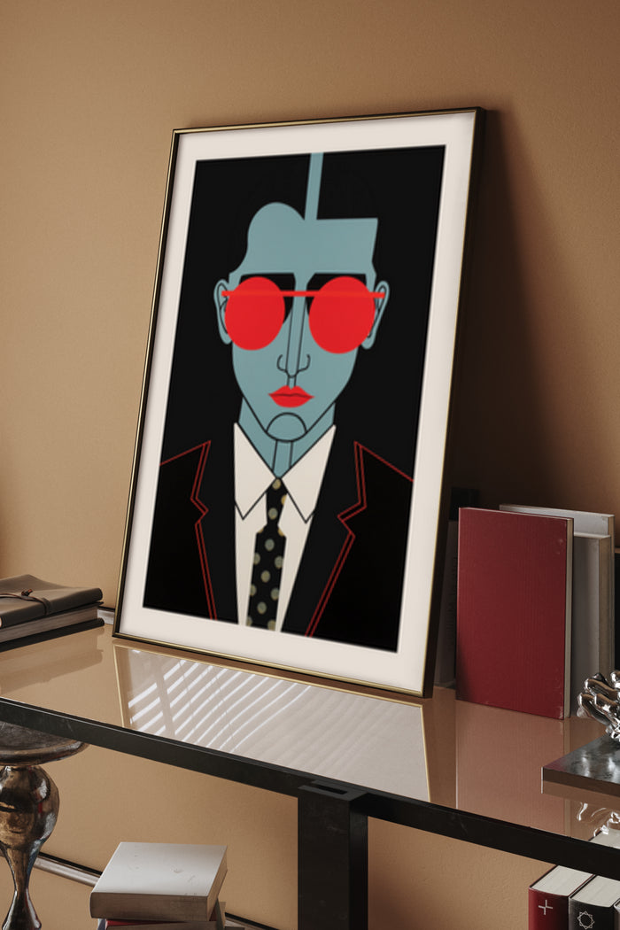 Modern abstract portrait artwork depicting a figure with red sunglasses and stylish suit