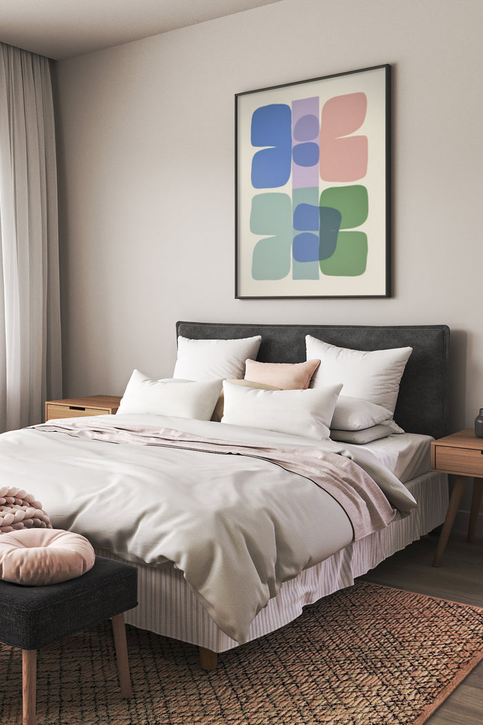 Contemporary abstract poster with blue and pink shapes on bedroom wall
