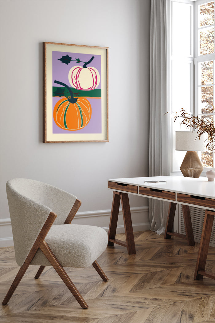 Contemporary abstract pumpkin design poster in home office setting