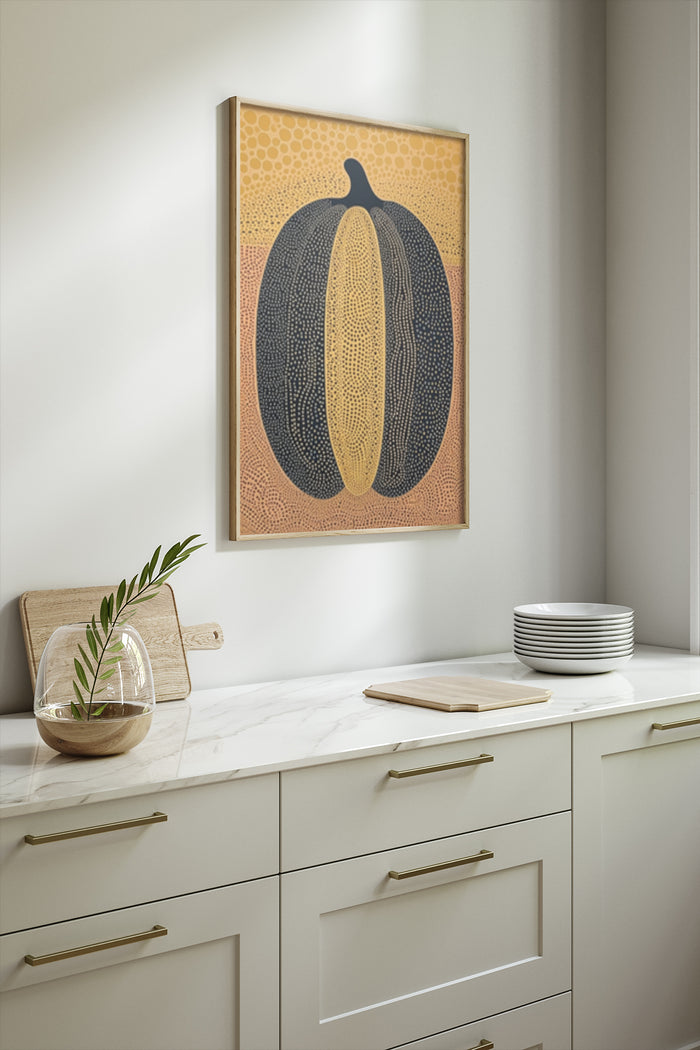 Contemporary abstract pumpkin painting displayed in kitchen setting for home decor inspiration