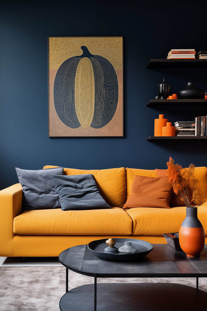 Stylish interior design with an abstract pumpkin artwork on a mustard textured background framed on a dark blue wall above a vibrant yellow sofa