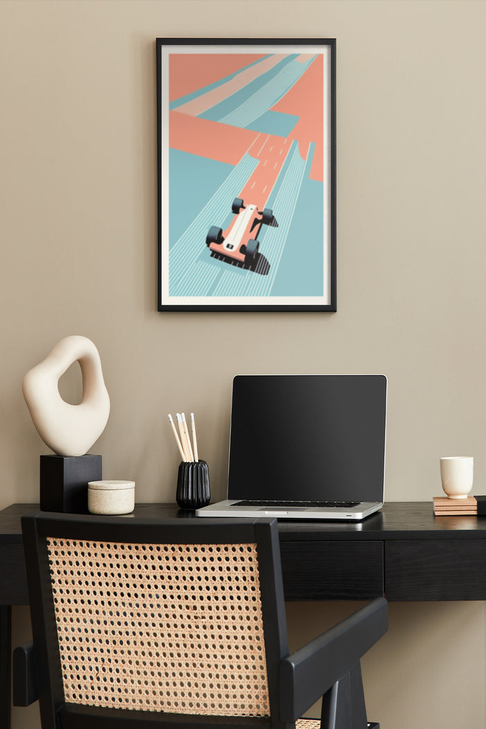 Modern abstract racing car poster in a stylish home office setting
