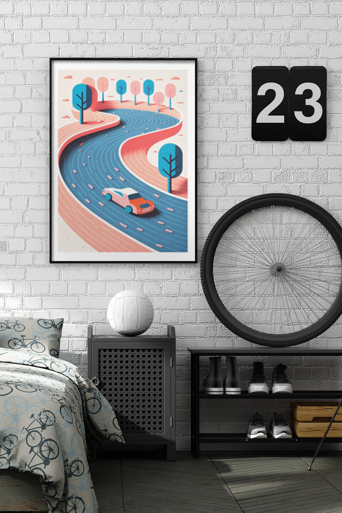 Modern abstract poster of stylized road and red car on bedroom wall