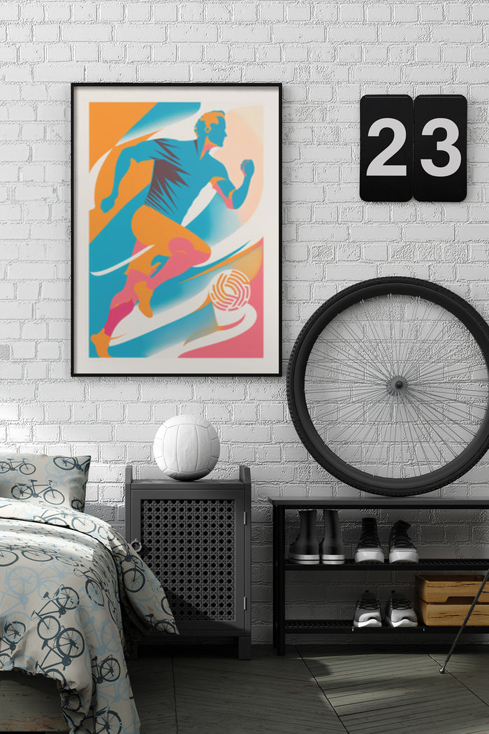 Modern abstract artwork displaying a dynamic runner in a bedroom showing wall decor poster