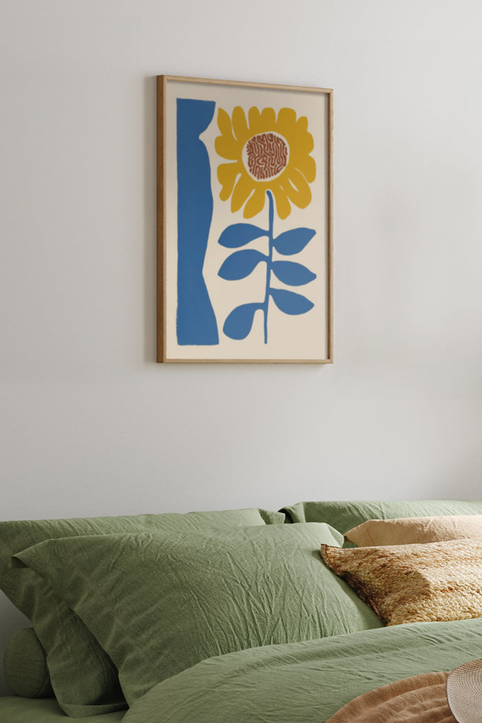 Contemporary abstract sunflower illustration poster in a bedroom setting for home decor