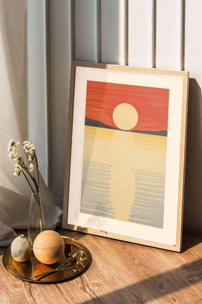 Modern abstract sunset poster in a frame placed in a home interior setting with decorative vase and wooden ornaments