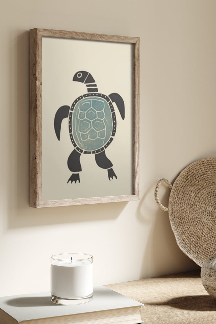 Stylized Abstract Turtle Art Poster in Wooden Frame for Modern Home Decor