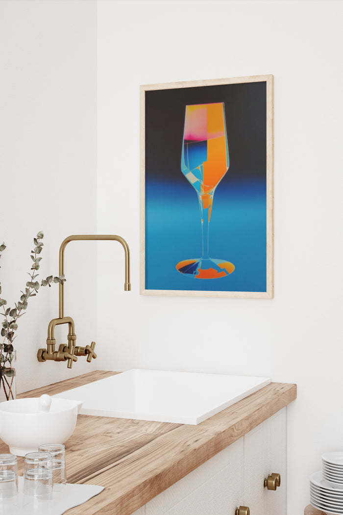 Colorful abstract wine glass poster displayed in a modern kitchen setting