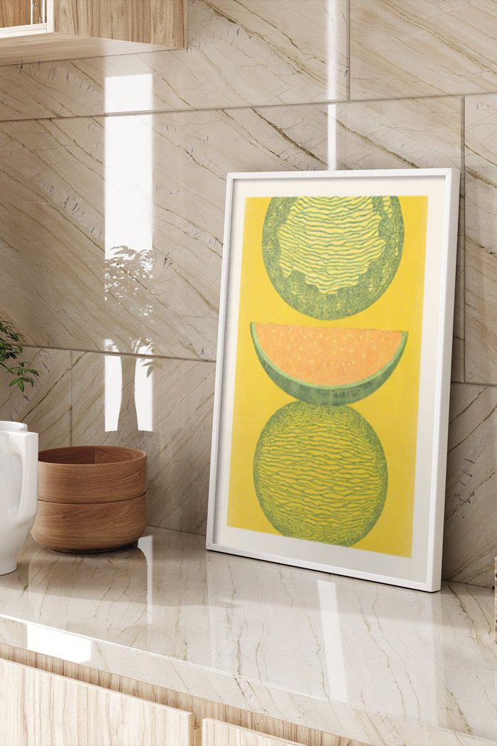 Contemporary abstract art with yellow circles and melon slice framed poster in an interior setting