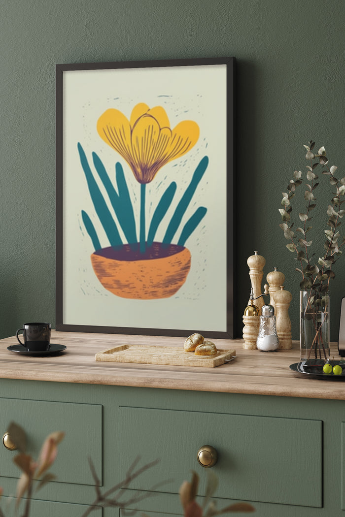 Modern Abstract Yellow Flower Art Print Poster in Stylish Kitchen Interior