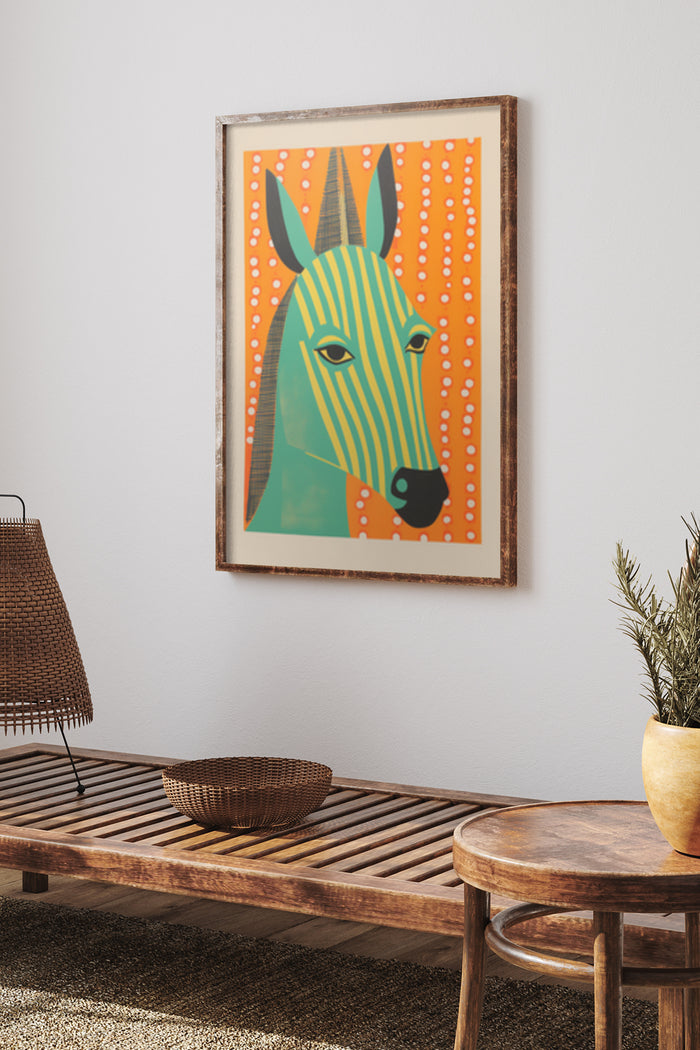 Abstract geometric zebra portrait poster in orange and green color scheme