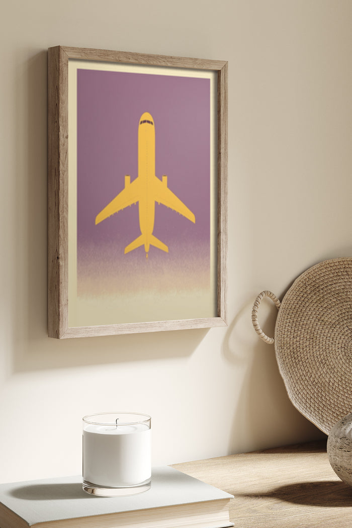 Contemporary framed poster of a yellow airplane silhouette on a purple gradient background, wall art decor