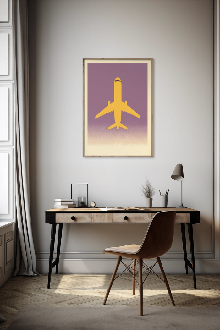 Contemporary golden airplane poster on purple background displayed in a stylish office space