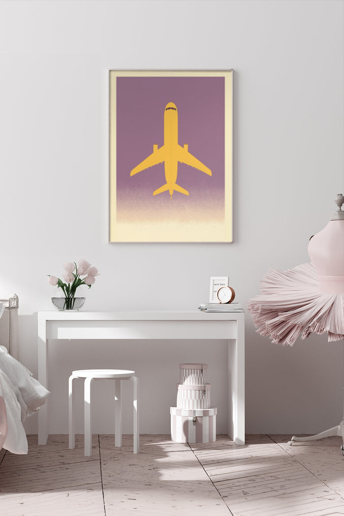 Modern minimalist airplane poster art in a stylish bedroom setting, perfect for contemporary home decoration