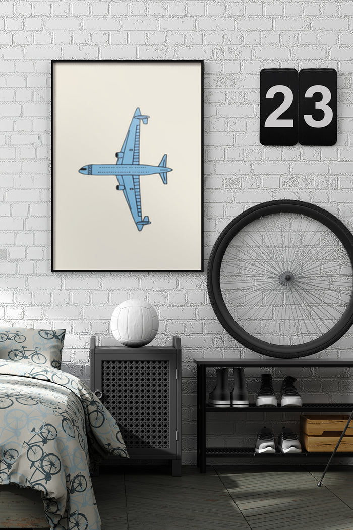 Stylish bedroom interior design with modern airplane poster artwork on white brick wall