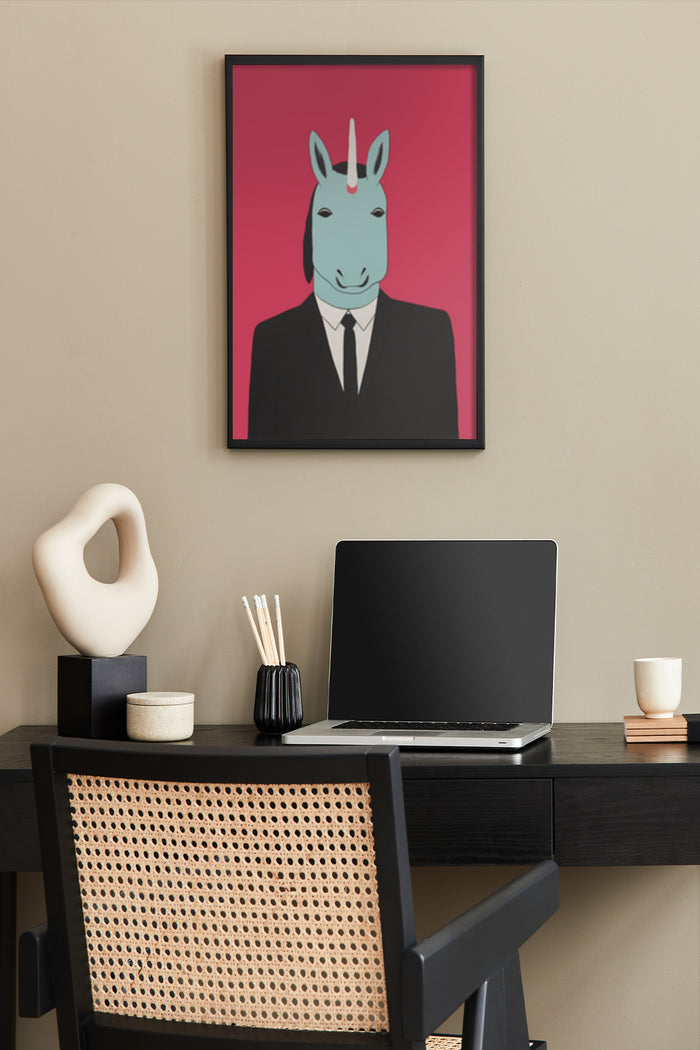 Minimalist donkey in suit poster on office wall