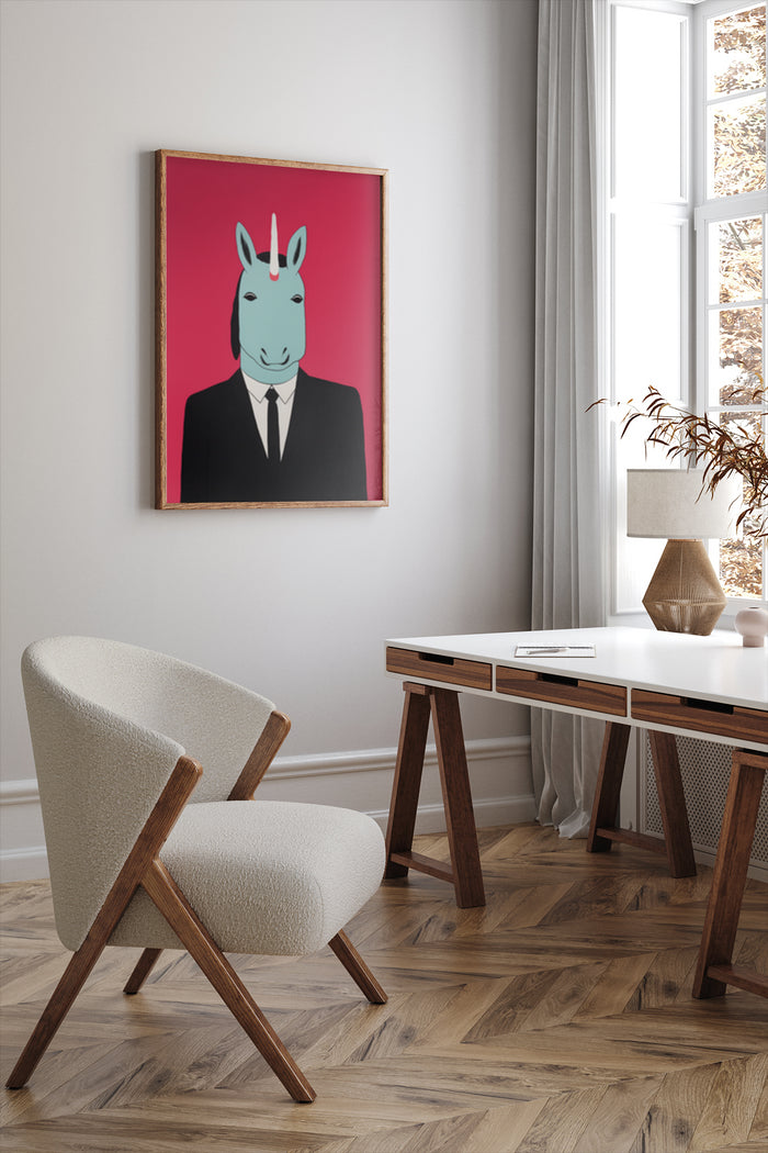Pop art style poster of an animal headed man in a suit hanging on the wall in a stylish interior
