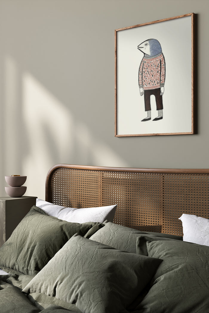 Stylized anthropomorphic animal illustration in a cozy bedroom setting with earth-toned bedding and wooden furniture