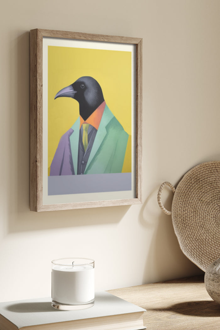 Contemporary anthropomorphic crow in a suit illustration, framed poster on a wall