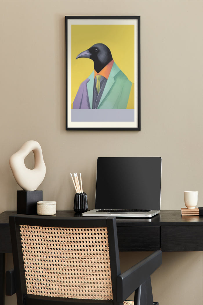 Anthropomorphic Bird Artwork Poster in Stylish Home Office Space