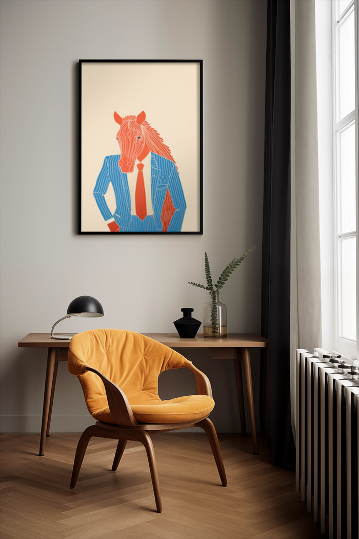 Contemporary Art Poster featuring a Stylish Anthropomorphic Horse dressed in a Blue Suit and Red Tie