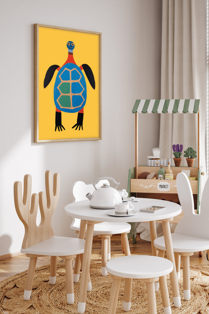 Colorful Modern Anthropomorphic Turtle Art Poster in Children's Playroom Decor