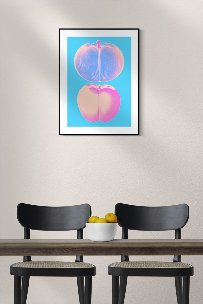 Stylized apple design poster art displayed in a modern home interior with minimalist furniture