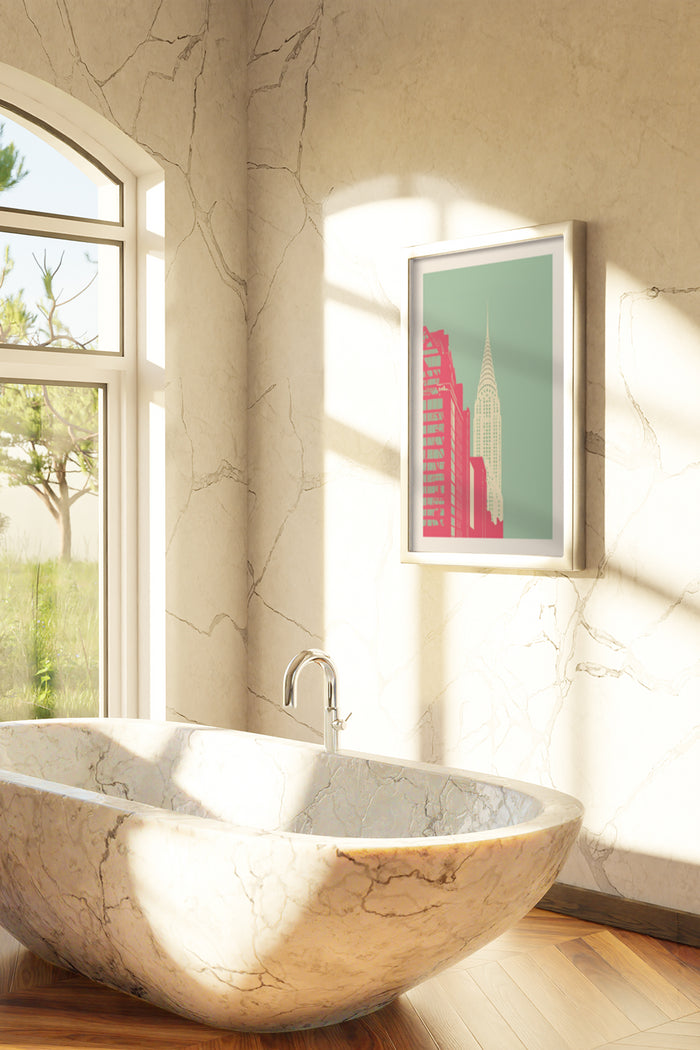Art Deco style poster with iconic building illustration hanging in a contemporary bathroom setting with natural lighting