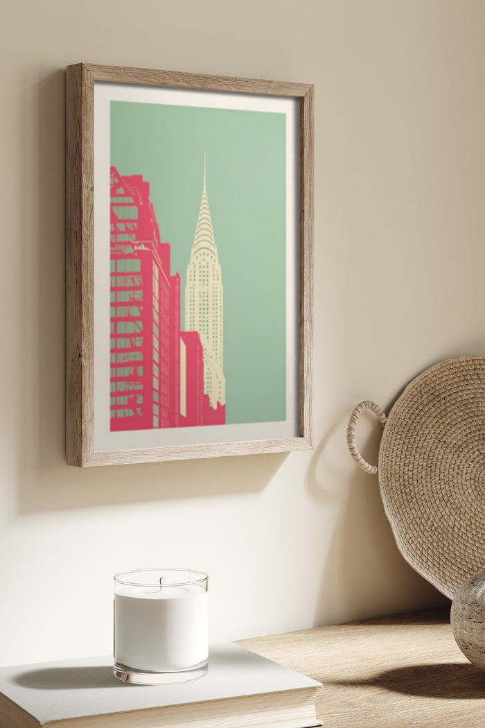 Colorful modern Art Deco style skyscraper illustration poster framed on wall