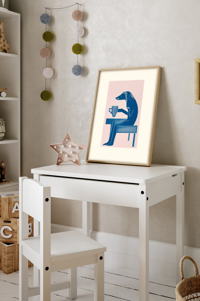 Minimalist modern art illustration of a dog sitting at a table holding a cup in a stylish home decor setting