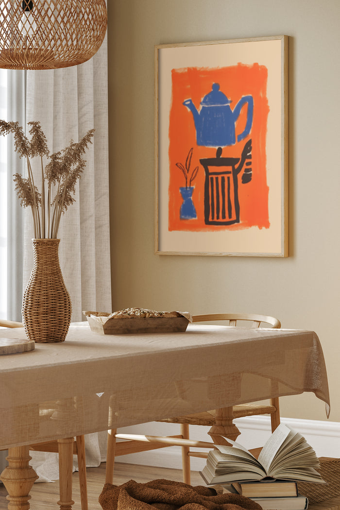 Modern art poster with kettle and vase illustration in vibrant orange for dining room wall decor