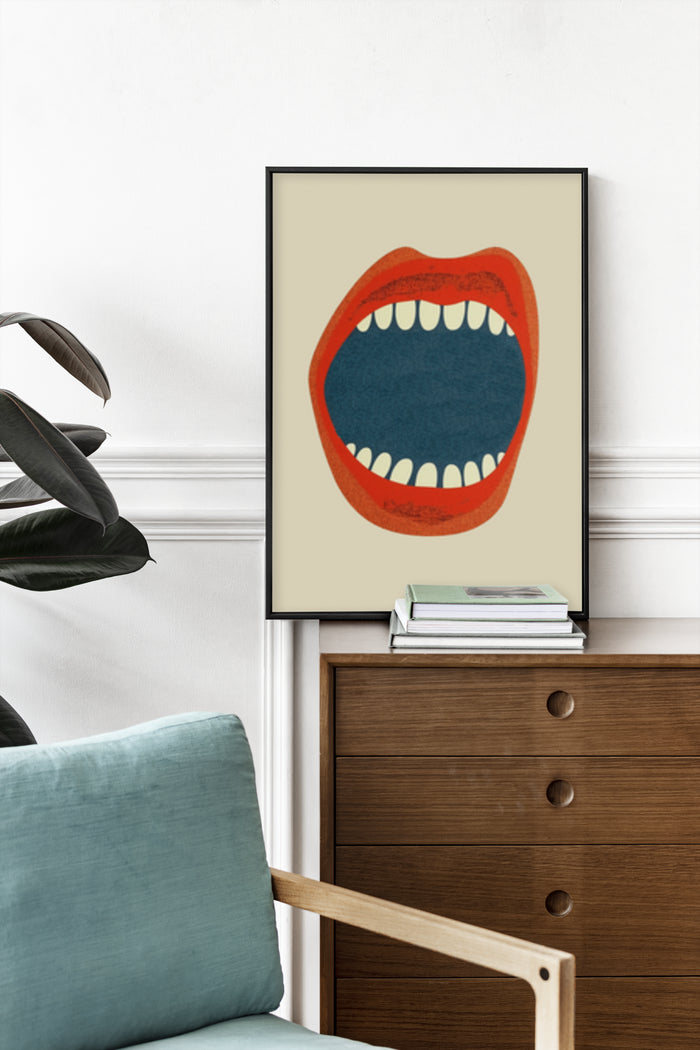 Modern art illustration of an open mouth with red lips on a poster