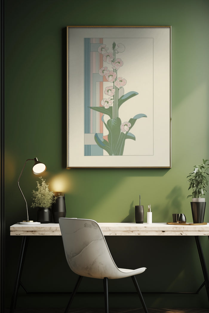 Elegant modern art poster featuring an orchid design hung in a contemporary room with a desk and chair