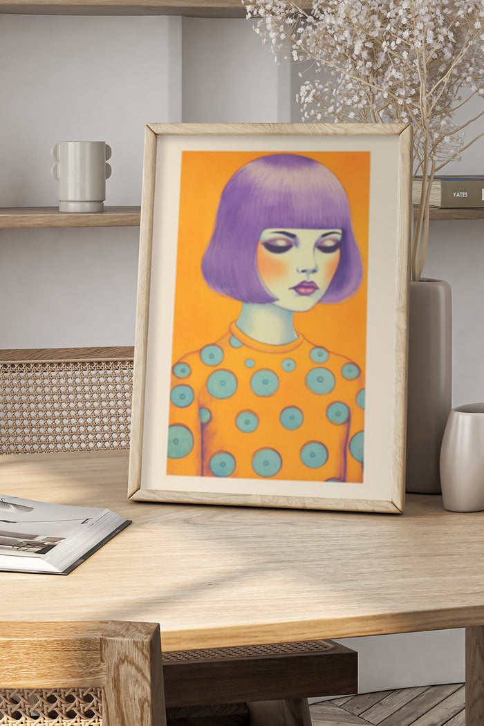 Modern art poster of a stylized woman with purple hair and patterned orange shirt, framed and displayed on a home interior shelf