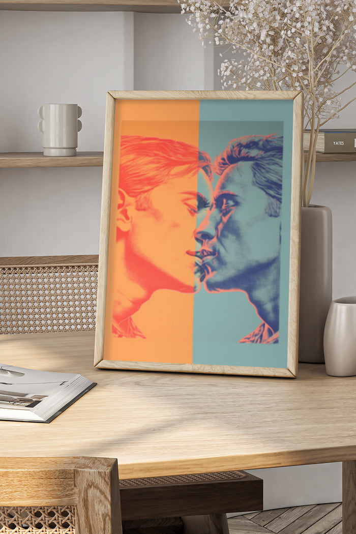 Modern art poster featuring dual portraits with color contrast in contemporary interior