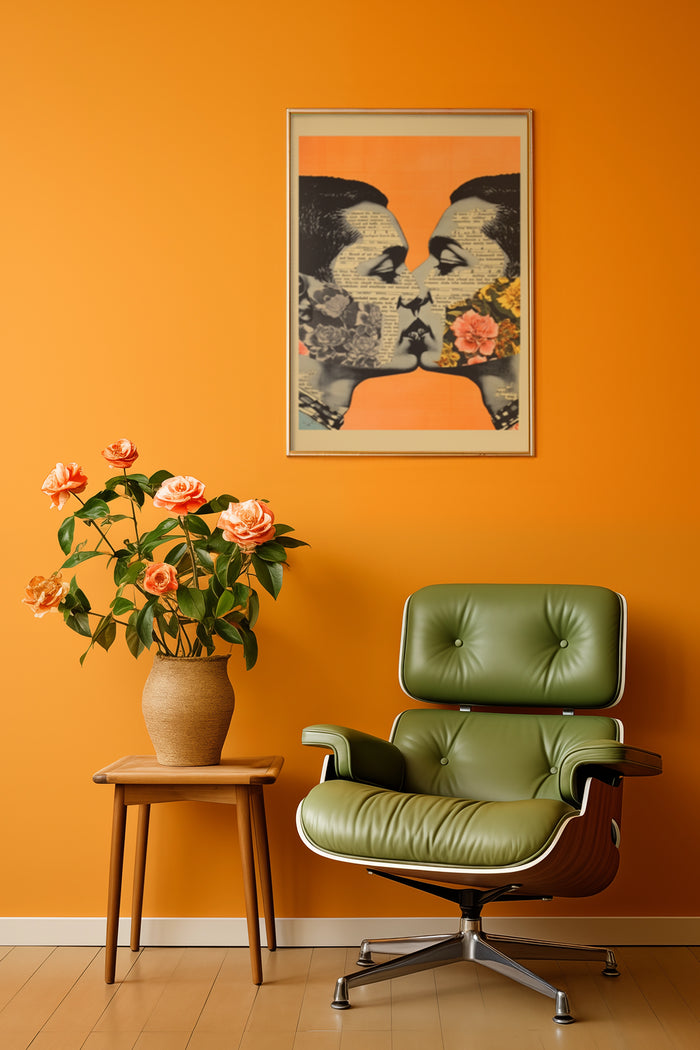 Modern art poster with kissing faces and floral design in a living room setting