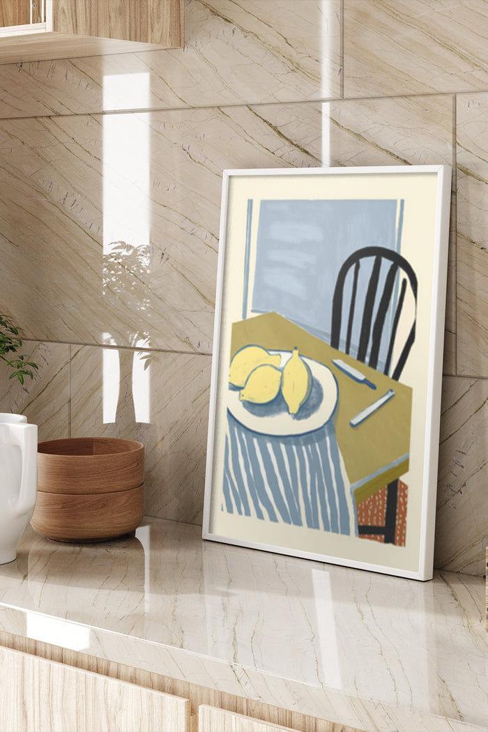 Modern abstract art poster with lemons on a table painting in a stylish interior decor setting