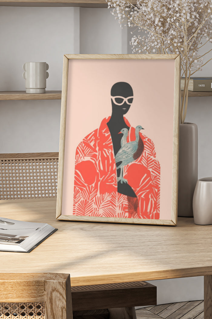 Modern art poster featuring a stylized man in sunglasses with red tropical birds and foliage