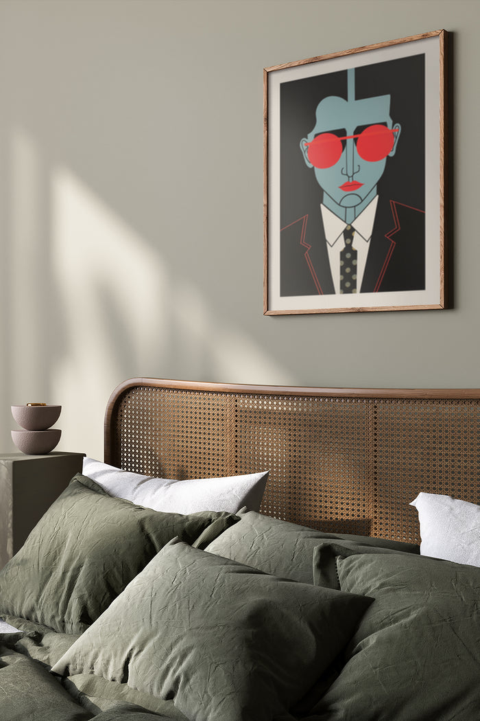 Modern Art Poster of a Stylized Man with Red Sunglasses Hanging on Bedroom Wall