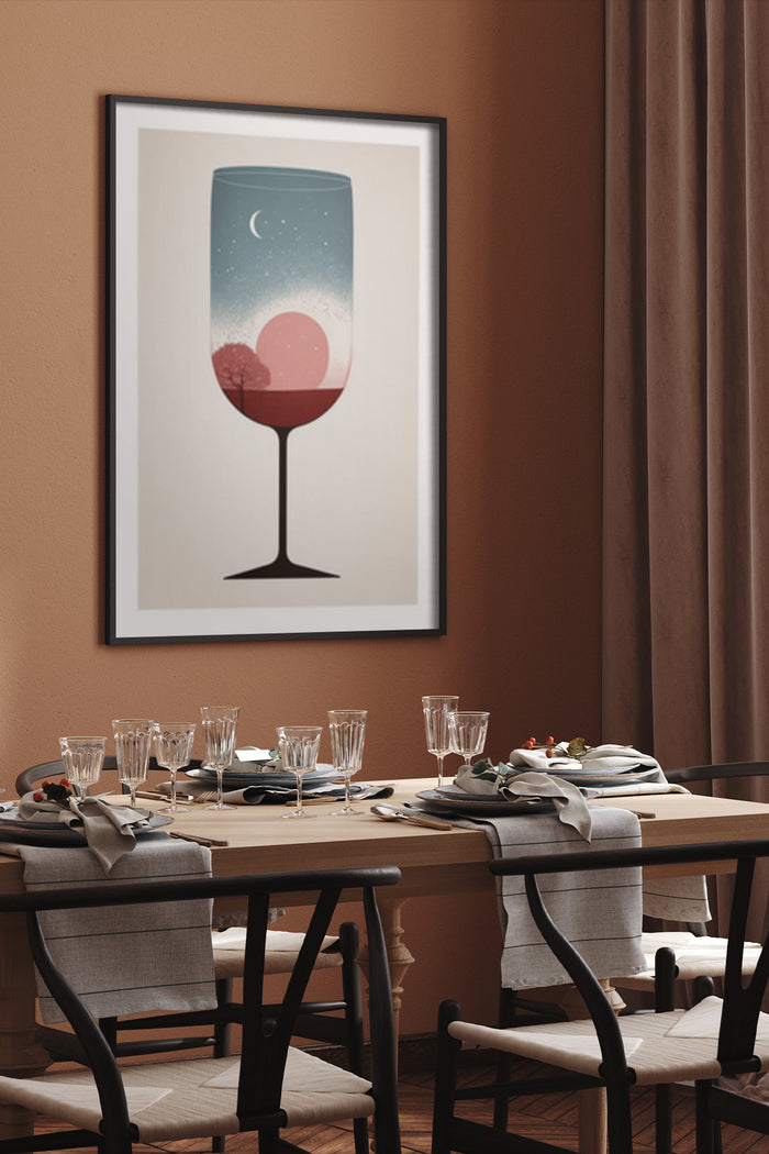 Minimalist modern art poster of a wine glass with moon and stars, stylish dining room wall decor