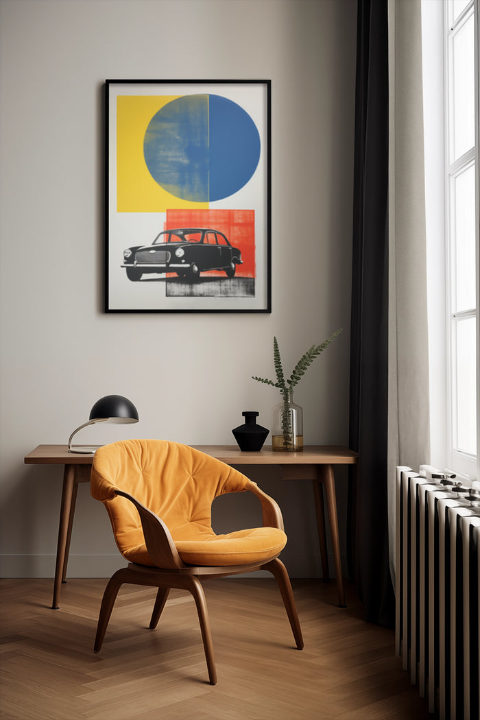 Modern art poster featuring a black car and colorful geometric shapes in a contemporary home setting
