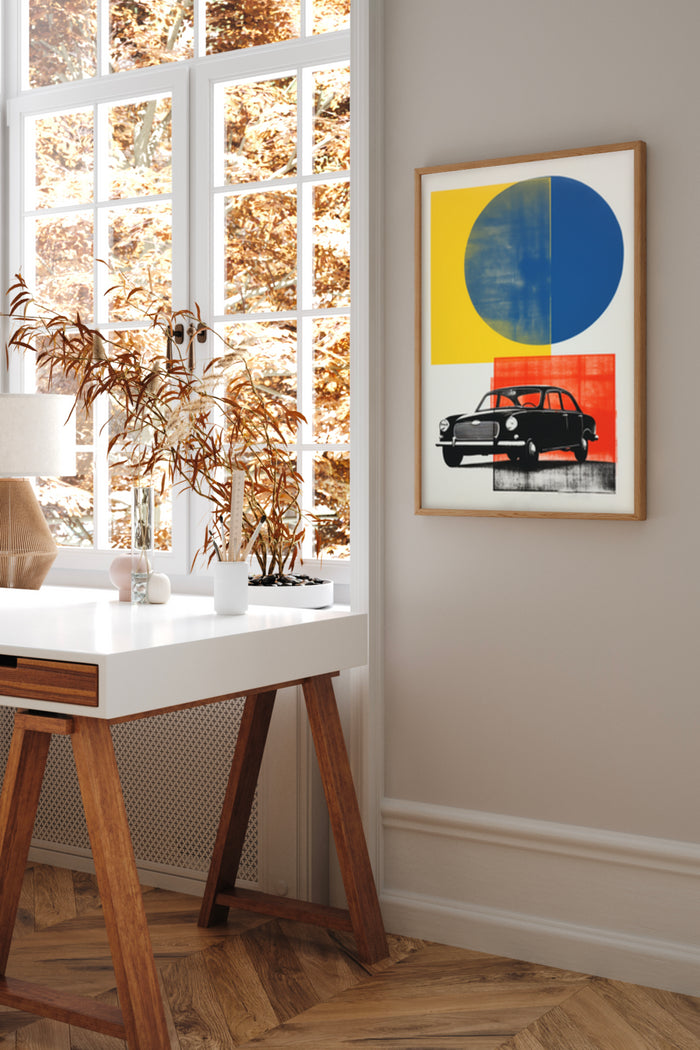 Stylish modern art poster featuring abstract geometric shapes and a vintage black car, displayed in a cozy room interior