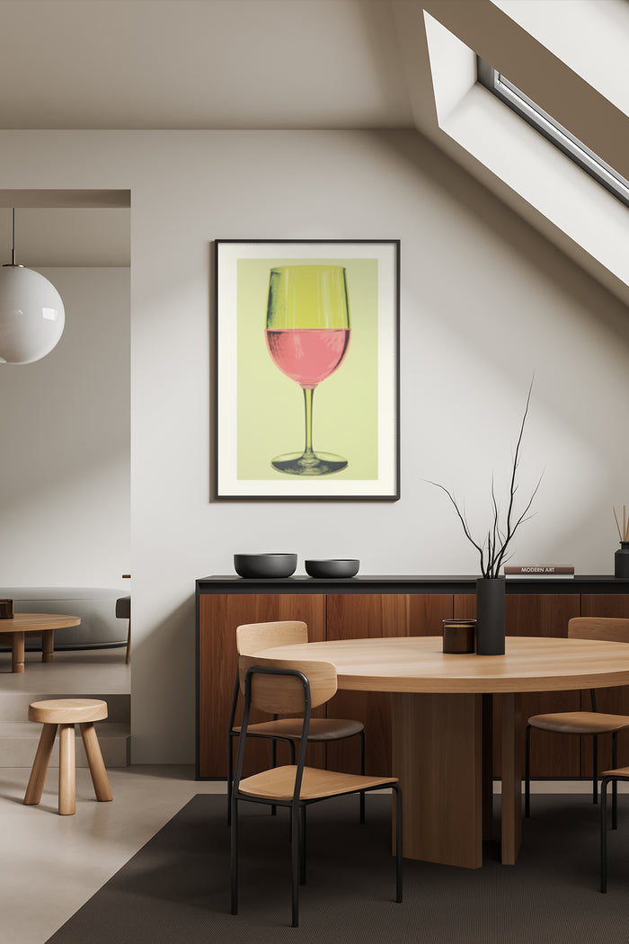 Contemporary poster of a red wine glass displayed in a modern dining room setting
