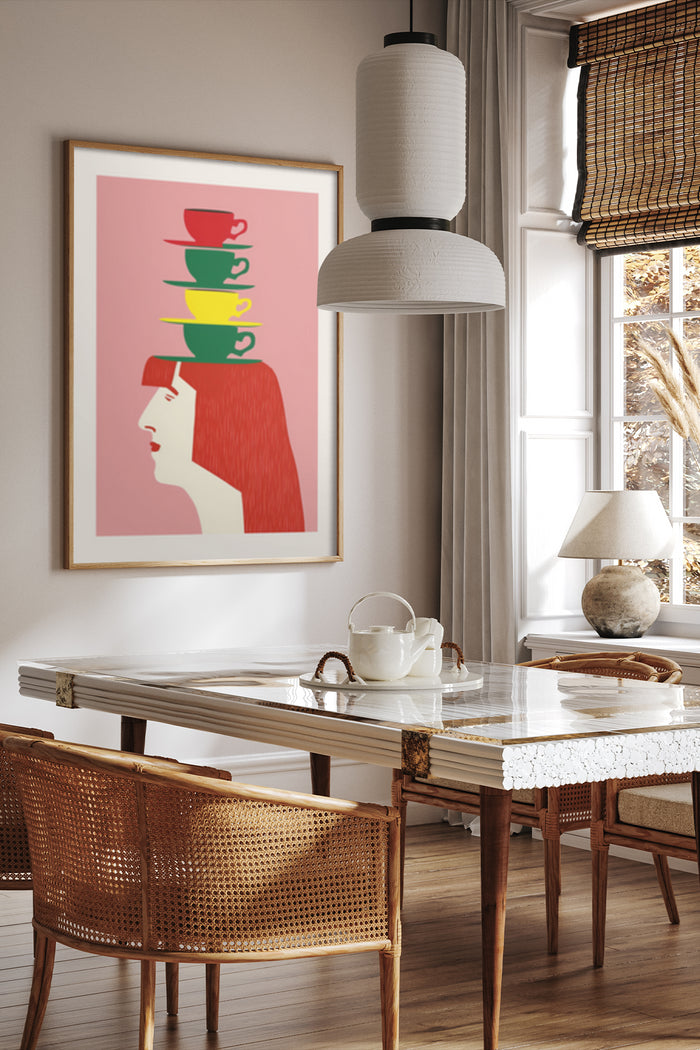 Modern art poster depicting a stylized woman with colorful stacked coffee cups on head in a chic interior