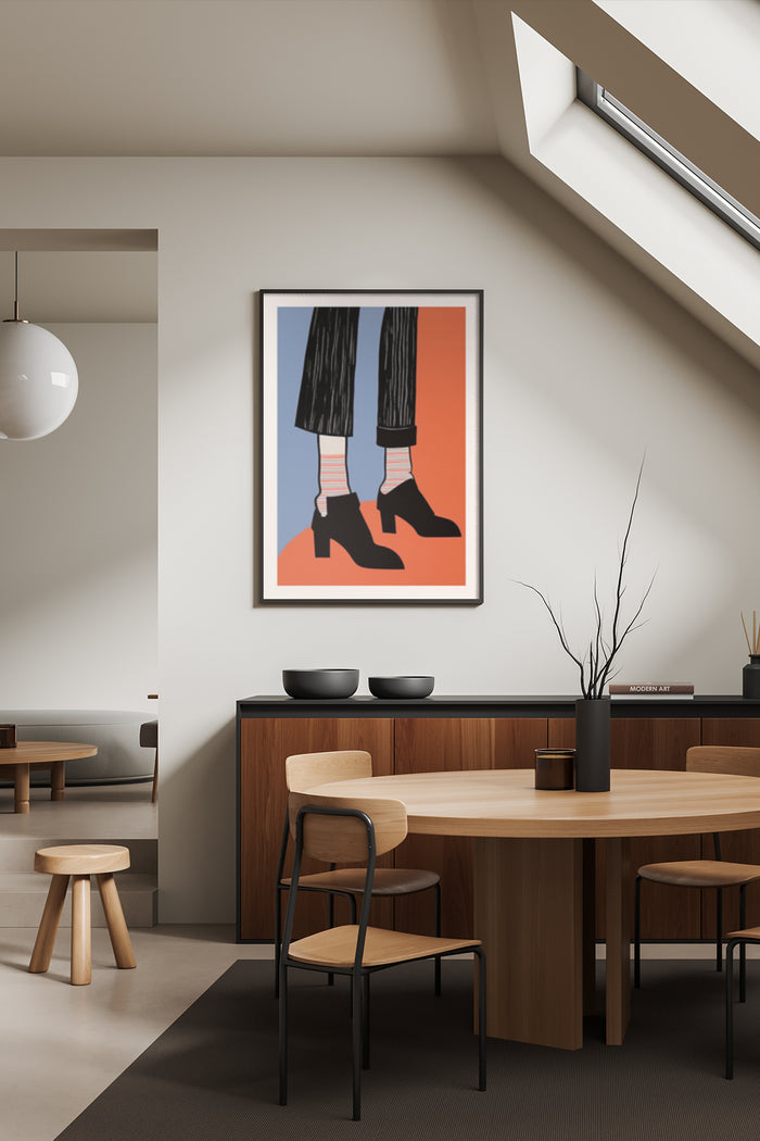 Minimalist modern art poster of a woman's feet in black heels and striped socks in stylish interior decor