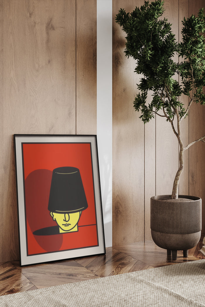 Modern art poster depicting a smiley face with an inverted lampshade on its head in a stylish interior setting